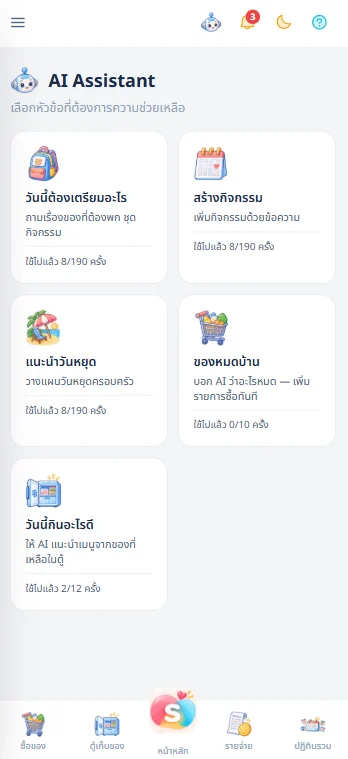 หน้า AI Assistant แสดงหัวข้อที่ขอความช่วยเหลือได้ เช่น วันนี้ต้องเตรียมอะไร สร้างกิจกรรม แนะนำวันหยุด ของหมดบ้าน และวันนี้กินอะไรดี